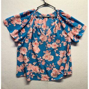 Floral V-Neck Blouse By Studio B Bobeau Womens Size 3X Blue & Pink